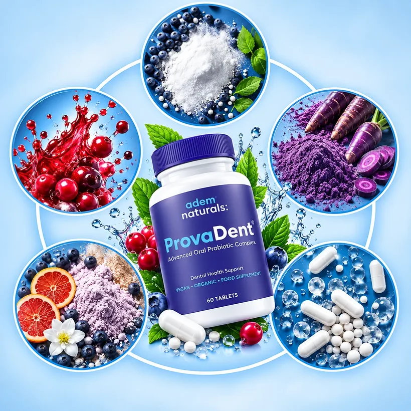 ProvaDent bottle surrounded by its advertised ingredients: cranberries, blueberries with white xylitol powder, purple carrots and probiotic capsules